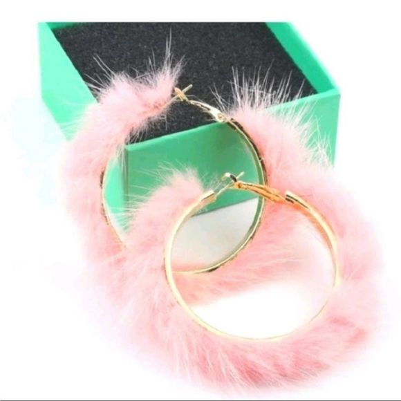 New Black Fur Hoop Earrings - Picture 3 of 3